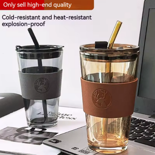 Trends Straw Tumbler 450ml High Quality Glass Tumbler Mug  Coffee Cup With Lid Glass Straw Cup
