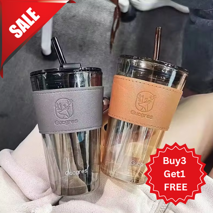 Trends Straw Tumbler 450ml High Quality Glass Tumbler Mug  Coffee Cup With Lid Glass Straw Cup
